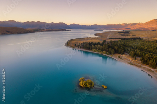 Aerial photo of sunset at Lake Tekapo, Mackenzie Country, Canterbury, South Island, New Zealand photo