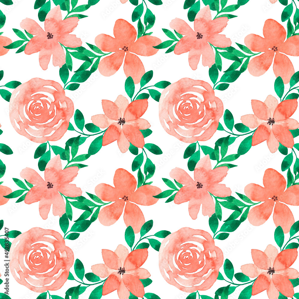 Seamless pattern of peach delicate flowers and green leaves. Watercolor spring blooming for postcards, wrapping paper, stickers, price tags