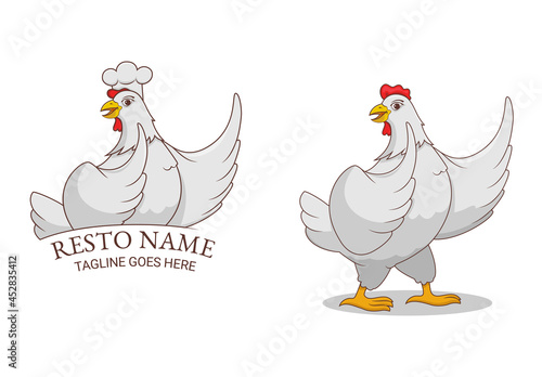 White chicken character design for mascot or chicken food restaurant logo