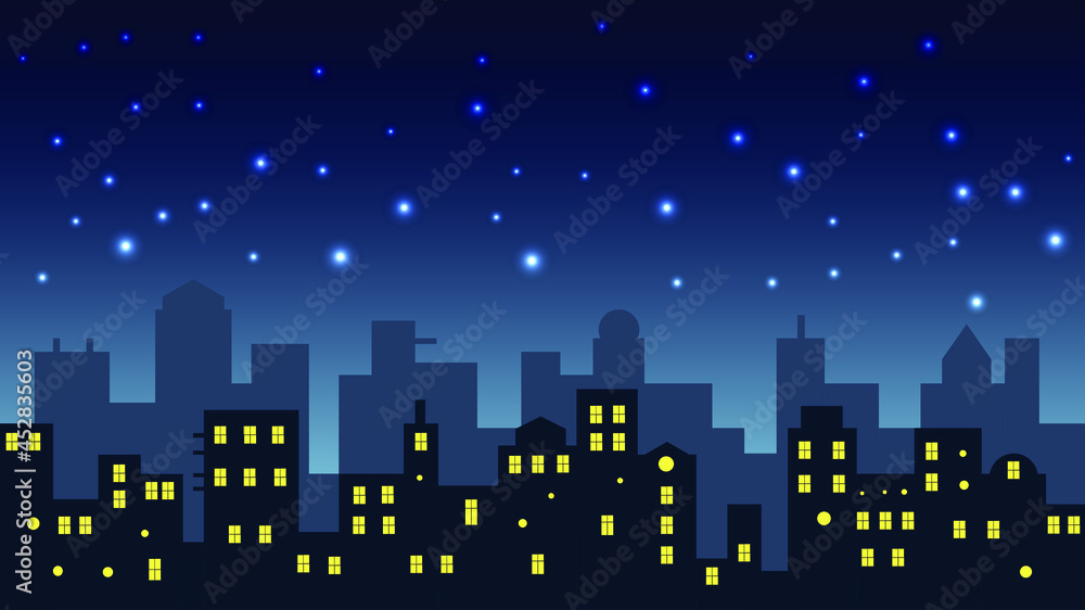 Night sky with stars with house silhouettes vector illustration