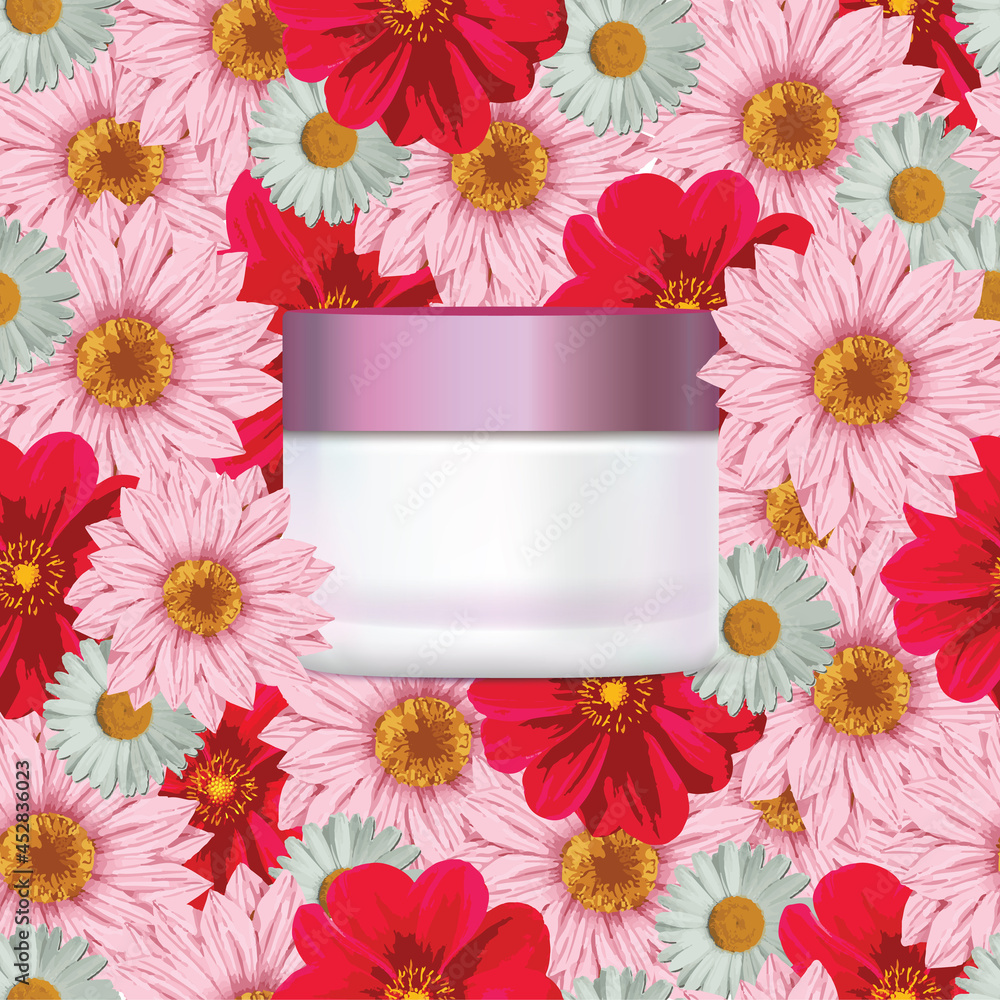 Cosmetic skin care product mock up advertising template on colorful flowers in background. Pink round jar packaging with blank label for branding. Vector and illustration design. Cosmetic skin care product mock up advertising template on colorful flowers in background. Pink round jar packaging with blank label for branding. Vector and illustration design.