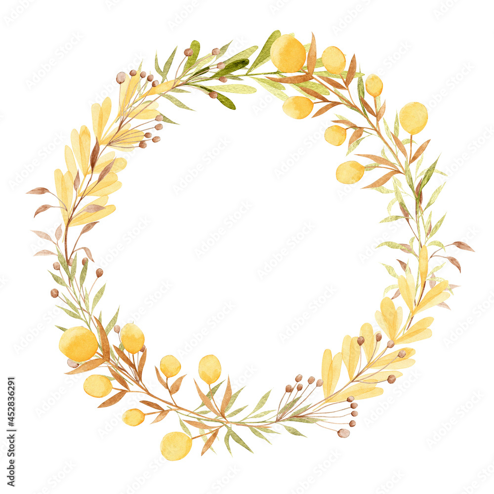 Watercolor wreath with pumpkins and leaves illustrations. Circle boarder for decor and design. 