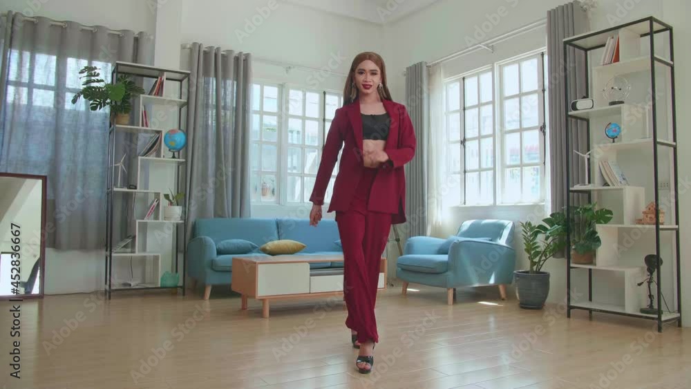 Young Fashion Shemale Wearing Red Clothes Walking And ...