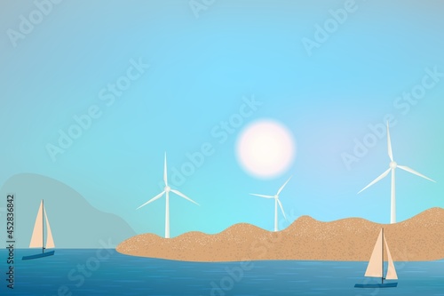 Wind turbines, ecological power generators, standing on the hills. Sea beach view with rocks and sailing yachts.