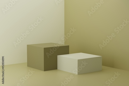 3D green empty display podiums for product advertising on green two-tone background. 3D rendering of display podium and background. 3d illustration.