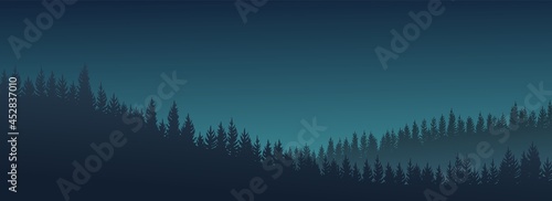Pine forest at night. Silhouettes of coniferous trees in the darkness. Hills. Dark landscape horizontally. Panoramic view. Beautifully illustration vector