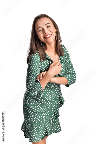 Stylish young woman on white background