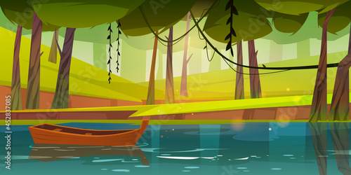 Wooden boat on forest lake, pond or river with deciduous trees around. Lonely wood skiff float on water surface at beautiful summer wood, scenery tranquil landscape, Cartoon vector illustration