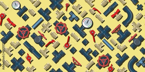 Pipe fittings, taps, bends and fittings. Spare parts for pipelines, sewerage, gas lines and any liquid supply. Illustration Seamlessly Patten Vector