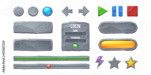 Set progress bars and game buttons ui or gui design elements. Cartoon interface of stone texture. Menu boards, user setting panel with slider, stop, pause and arrows, flash or star keys, Vector icons