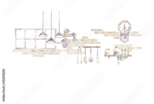 キッチンの風景、タイル壁とインテリア