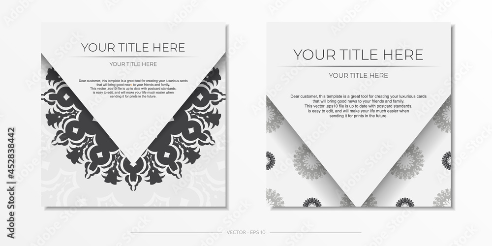 Stylish Ready-to-print white postcard design with luxurious Greek ornaments. Invitation card template with vintage patterns. Stylish Ready-to-print white postcard design with luxurious Greek ornaments. Invitation card template with vintage patterns.