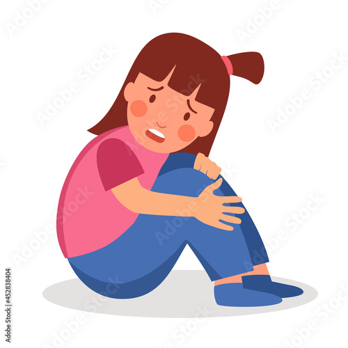 Sad and lonely girl child in flat design on white background. Unhappy kids character.