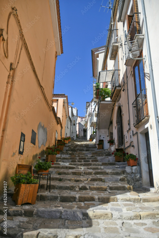 A street in the historic center of Castelsaraceno, a old town in the Basilicata region, Italy.	