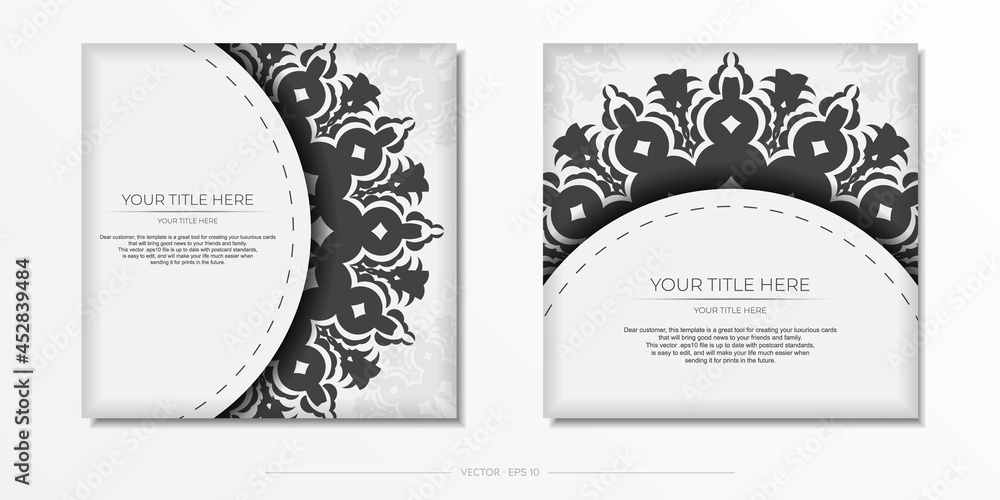 Preparing invitation card with vintage patterns.Stylish vector template for printable design postcard in white color with luxury greek