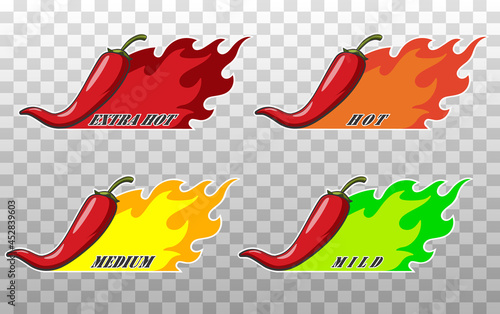 Icons with Chili Pepper Spice Levels. Hot pepper sign with fire flame for packing spicy food. Mild, medium and extra hot pepper sauce stickers. Vector illustration.