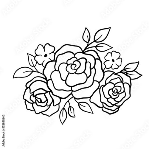 Floral bouquet with flowers and leaves in outline style. Vector roses line art. Elegant bouquet isolated on white background