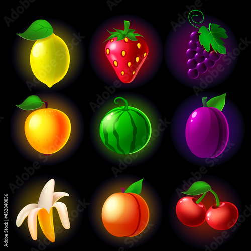 Fruit machine slot icons set . Classic collection symbol for games gambling, mobile app. Vector illustration cartoon style
