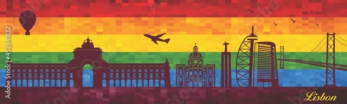 Lisbon on LGBT flag background - illustration, 
Town in Rainbow background, 
Vector city skyline silhouette