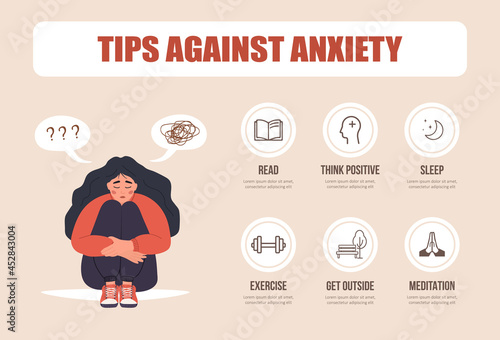 Mental health concept. Unhappy woman sitting on floor and hugging knees. Mood disorder. Tips for anxiety. Depressed girl needs psychological help. Vector illustration in flat cartoon style