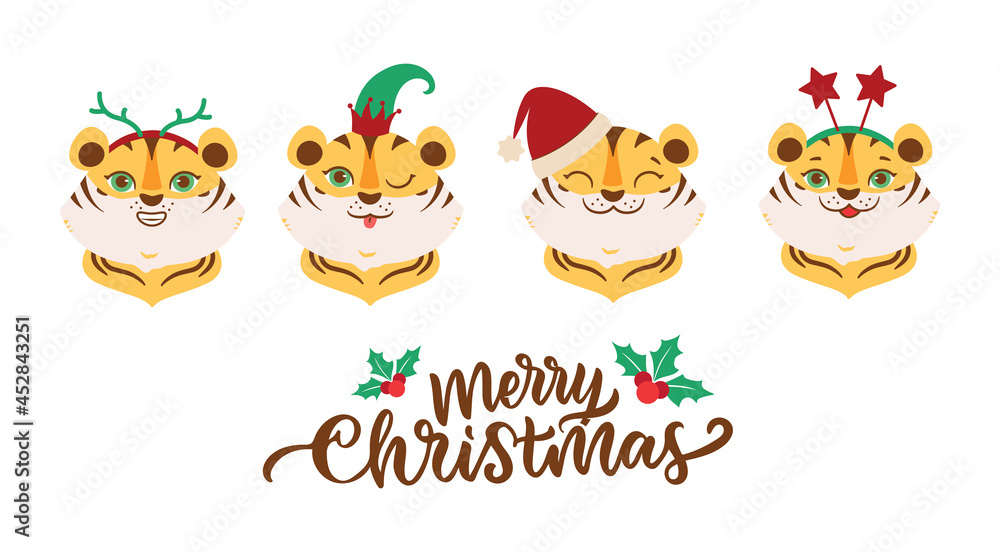 The set of face tigers is good for Merry Christmas and Happy New Year designs. The heads of cartoonish animals and holiday quote is good for logos 2022. The vector illustration