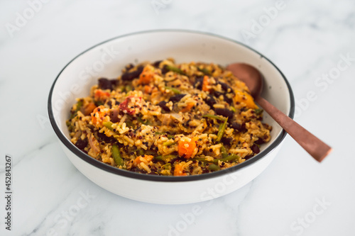 vegan quinoa with sweet potato green beans bell pepper and red kidney beans, healthy plant-based food