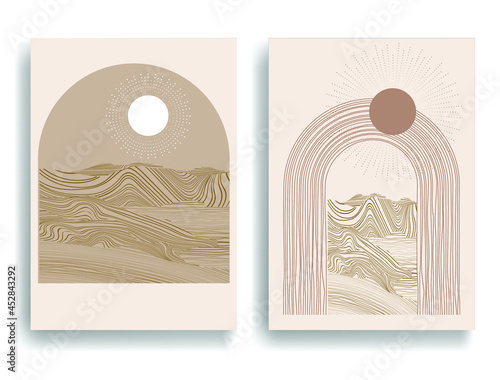Poster with seaside landscape, ocean and sunset in boho style  .Minimal design with grunge elements . Trendy brochure . Terracotta colors .Vector illustration 