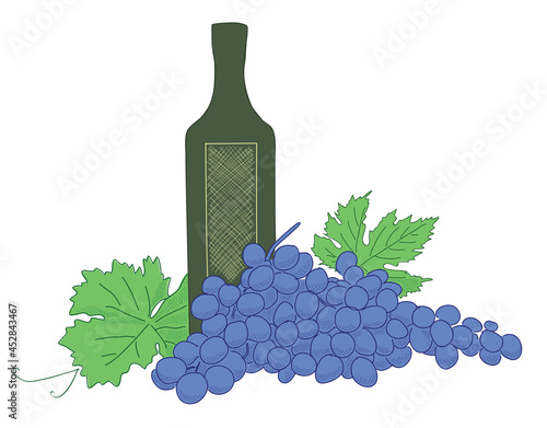 bottle of wine with blue grape and green leaves - vector