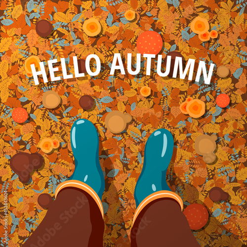 Autumn deciduous background with the inscription Hello Autumn and man's rubber boots. Vector illustration.