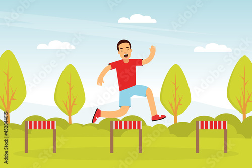 Young Man Character Hurdling in the Park Doing Sport and Physical Exercise Vector Illustration
