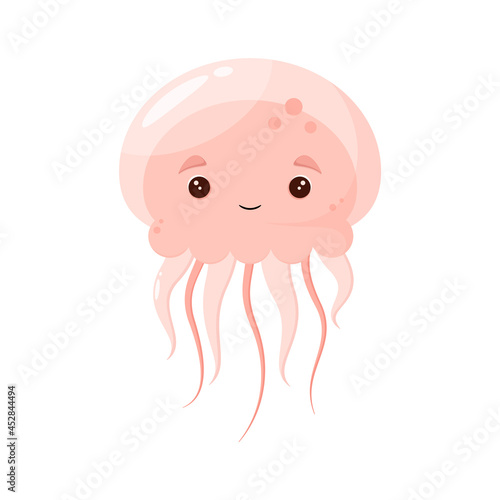 Cute pink jellyfish on a white background. A funny animal in a cartoon style.