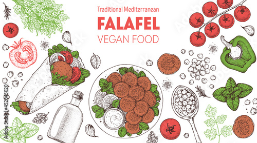 Falafel cooking and ingredients for falafel, sketch illustration. Middle eastern cuisine frame. Street food, design elements. Hand drawn, menu and package design. Vegan food