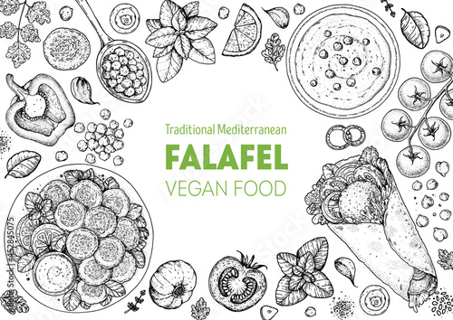 Falafel cooking and ingredients for falafel, sketch illustration. Middle eastern cuisine frame. Street food, design elements. Hand drawn, menu and package design. Vegan food.