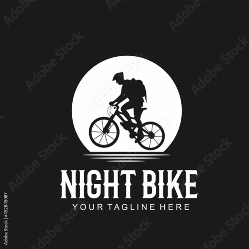 silhouette logo of cyclist holding backpack with night and moon theme. illustration of person riding a bicycle