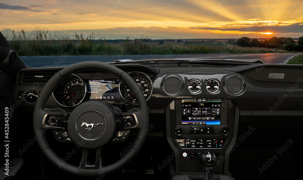 Steering wheel and Ford Mustang dashboard Stock Photo | Adobe Stock