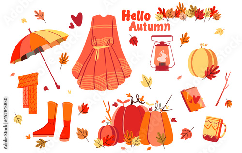 Hello autumn set hand drawn elements, vector in flat style. Composition of pumpkins and autumn leaves. Rainbow umbrella, fashion dress, rain boots cozy illustration. Fall season clipart for planner
