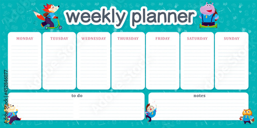 Set of weekly planner page design template for children calendar. Cute funny school animal student characters. Flat lay. School icons collection. Vector flat doodle illustration.