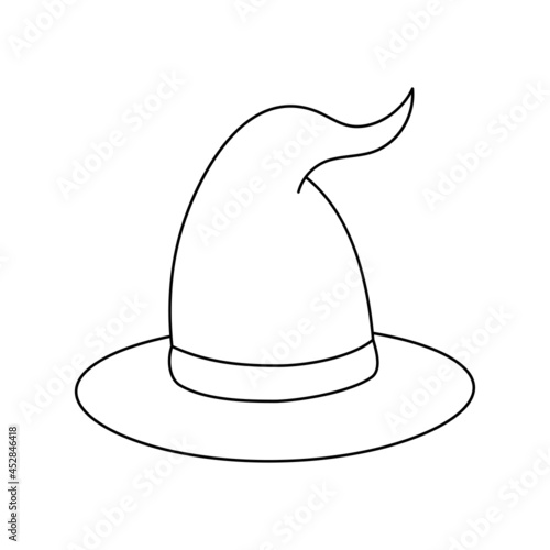 Witch hat vector illustration in doodle style. Hand drawn wizard cap for holiday Halloween. Black icon isolated on white background. Scary silhouette magician hat. Accessory for party on Halloween