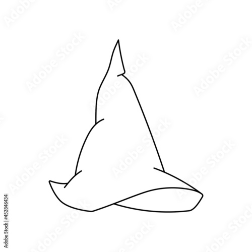 Witch hat vector illustration in doodle style. Hand drawn wizard cap for holiday Halloween. Black icon isolated on white background. Scary silhouette magician hat. Accessory for party on Halloween