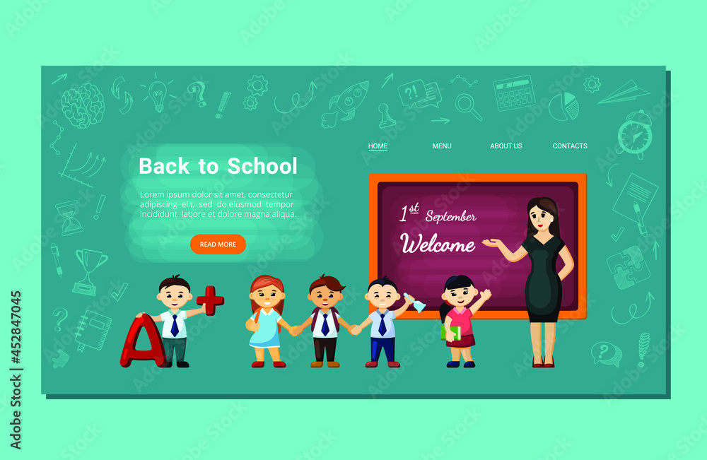 Joyful kids back to school landing page. Cheerful students return to school in new academic year meeting with friends and teachers learning interesting subjects knowledge. Vector cartoon training. Joyful kids back to school landing page. Cheerful students return to school in new academic year meeting with friends and teachers learning interesting subjects knowledge. Vector cartoon training.