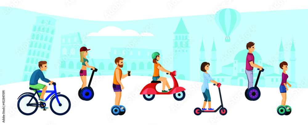Fototapeta premium People ride eco friendly transport illustration. Active male and female characters ride gyroscooters and bicycles around city travel along road on high speed scooters. Vector cartoon sport.