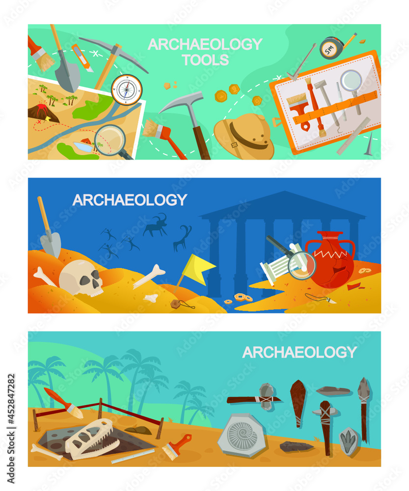Archaeological excavations and tools horizontal banner. Paleontological research and antique finds ancient weapons and artifacts in burial mounds and crypts. Prehistoric civilization vector.