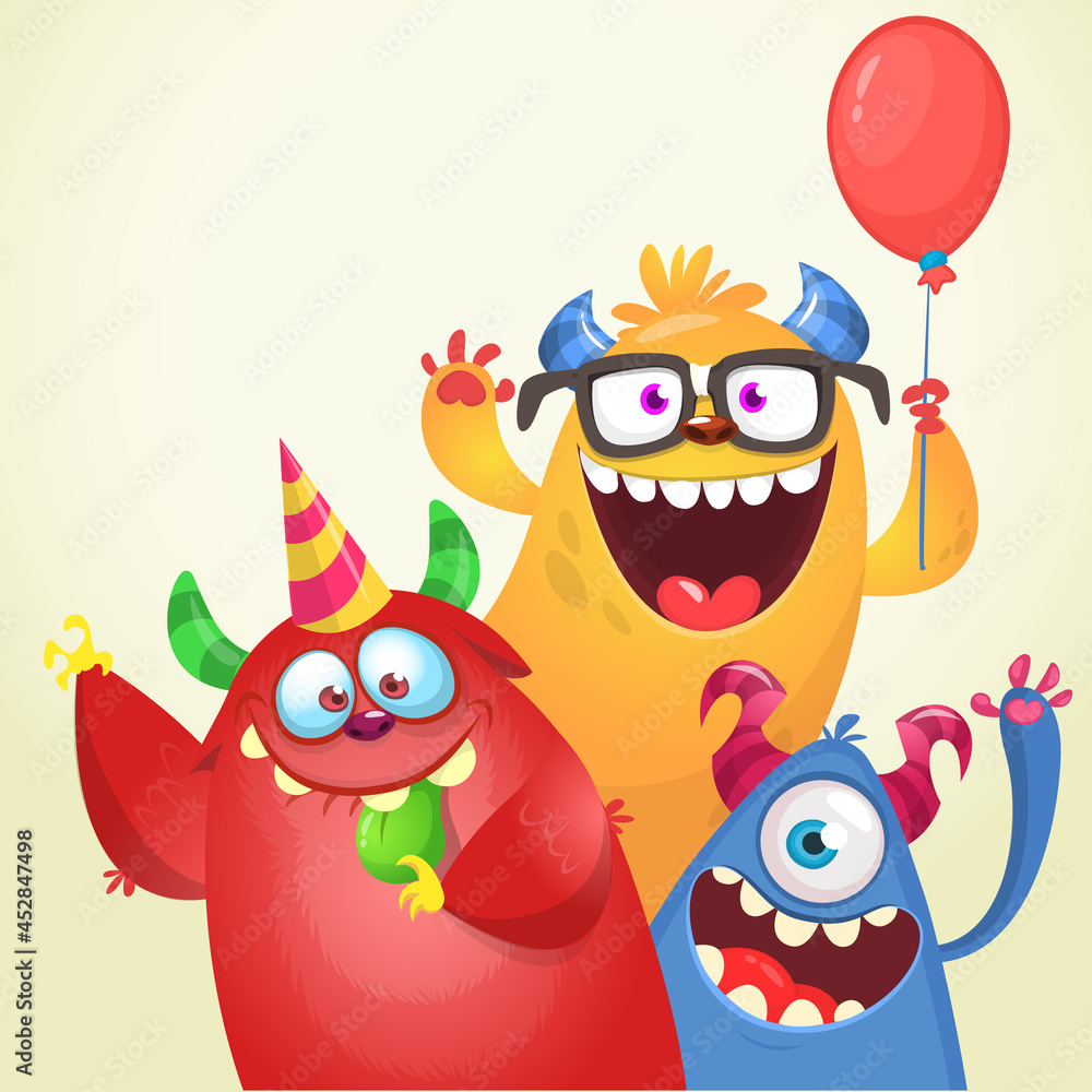 Fototapeta premium Funny cartoon monster characters set card for birthday party. Illustration of happy alien creatures. Package or invitation design
