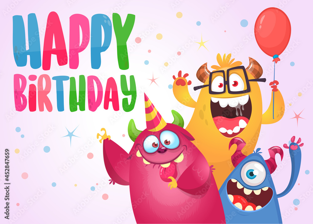 Fototapeta premium Funny cartoon monster characters set card for birthday party. Illustration of happy alien creatures. Package or invitation design