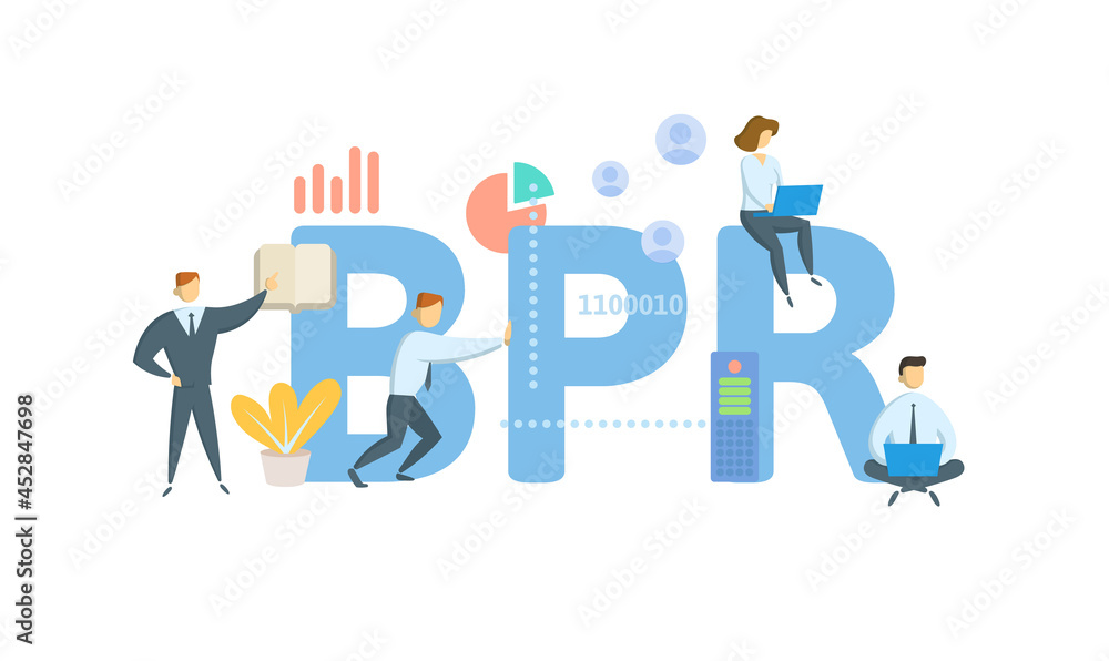 BPR, Business Process Reengineering. Concept with keyword, people and icons. Flat vector illustration. Isolated on white. BPR, Business Process Reengineering. Concept with keyword, people and icons. Flat vector illustration. Isolated on white.