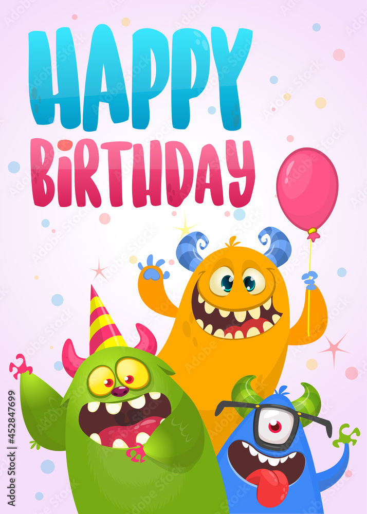 Funny cartoon monster characters set card for birthday party. Illustration of happy alien creatures. Package or invitation design Funny cartoon monster characters set card for birthday party. Illustration of happy alien creatures. Package or invitation design