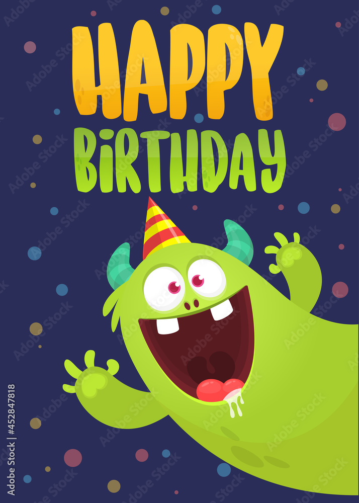 Fototapeta premium Funny cartoon monster characters set card for birthday party. Illustration of happy alien creatures. Package or invitation design