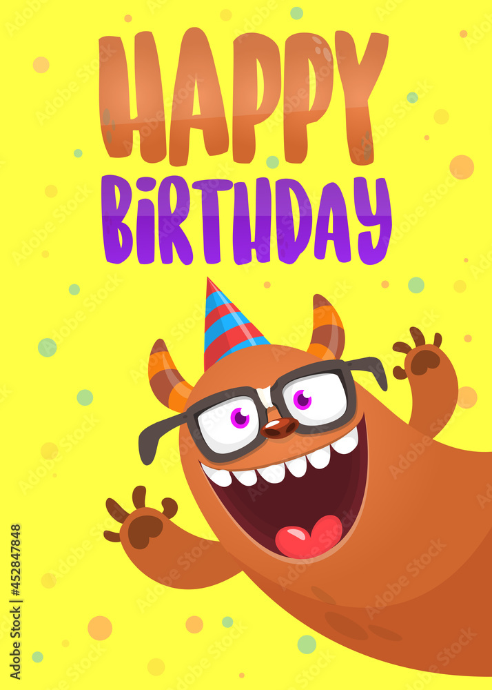 Funny cartoon monster characters set card for birthday party. Illustration of happy alien creatures. Package or invitation design