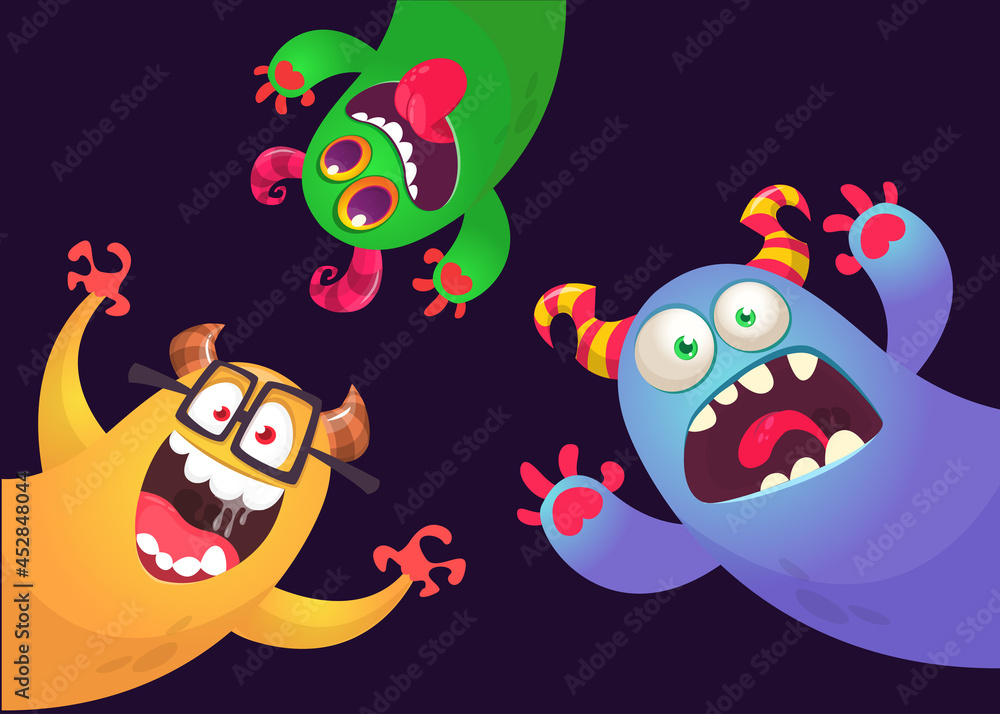 Naklejka premium Funny cartoon monster characters set card for birthday party. Illustration of happy alien creatures. Package or invitation design