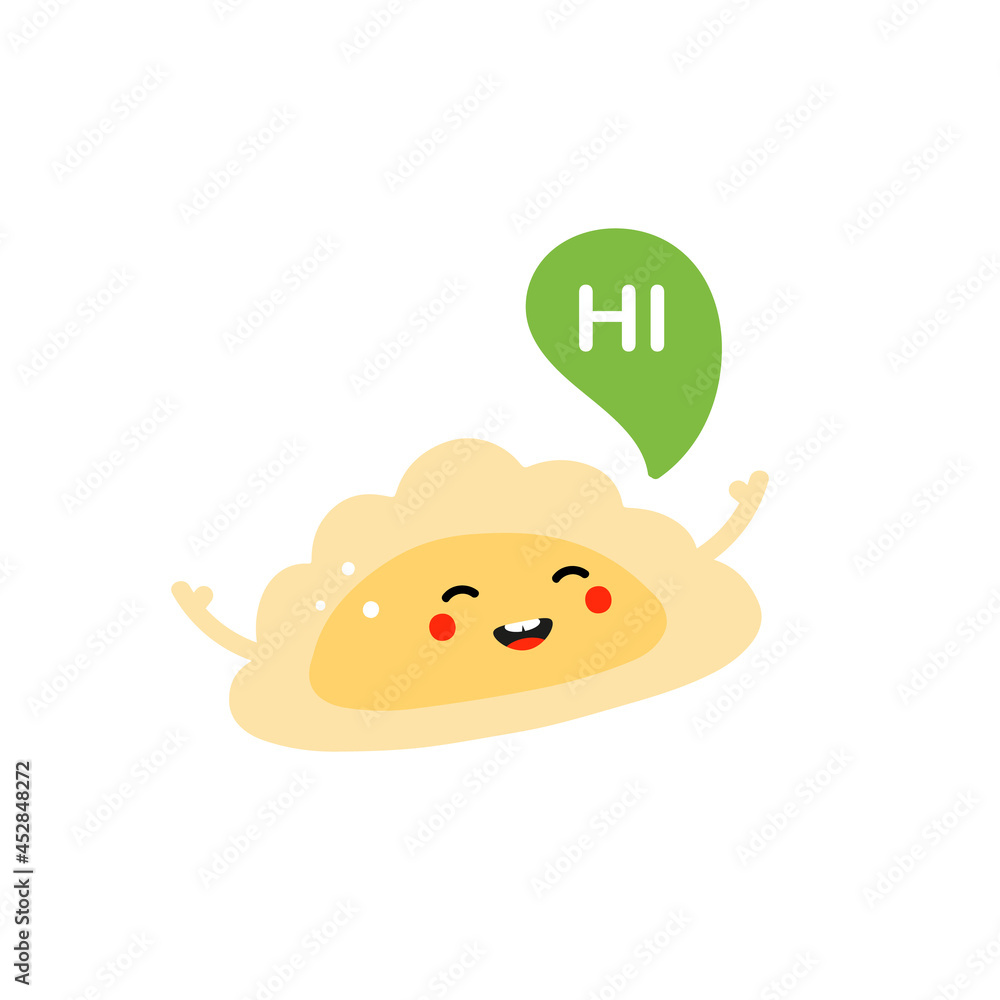 Cute happy cartoon style pierogi, filled dumpling character with speech bubble saying hi, hello. Cute happy cartoon style pierogi, filled dumpling character with speech bubble saying hi, hello.